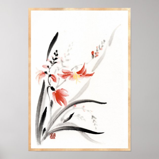 Póster Pintura clásica de flores de tinta china sumi-e (Frente)
