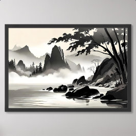 Póster pintura clásica paisaje río rocoso blanco negro