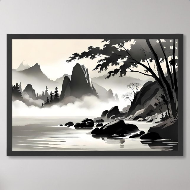Póster pintura clásica paisaje río rocoso blanco negro (classic painting landscape rocky river black white)