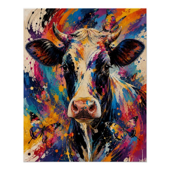 Póster Pintura Colorida de Vaca Abstracta con Mariposas (Anverso)