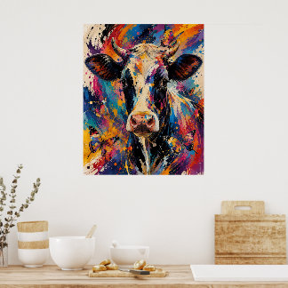 Póster Pintura Colorida de Vaca Abstracta con Mariposas