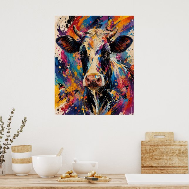 Póster Pintura Colorida de Vaca Abstracta con Mariposas (Cocina)