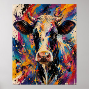 Póster Pintura Colorida de Vaca Abstracta con Mariposas