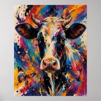 Póster Pintura Colorida de Vaca Abstracta con Mariposas
