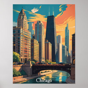 Póster Pintura Colorida del Horizonte de Chicago Illinois