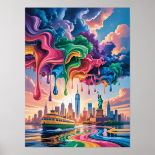 Póster Pintura Colorida Goteando Sobre el Puerto de NYC