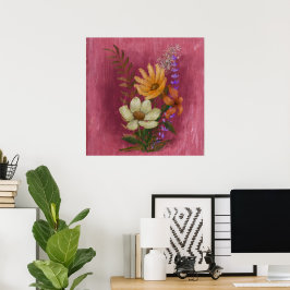 Póster Pintura de aceite de flores amarillas y blancas