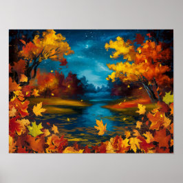 Póster Pintura de aceite de paisajes nocturnos de otoño
