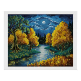 Póster Pintura de aceite de paisajes nocturnos de otoño