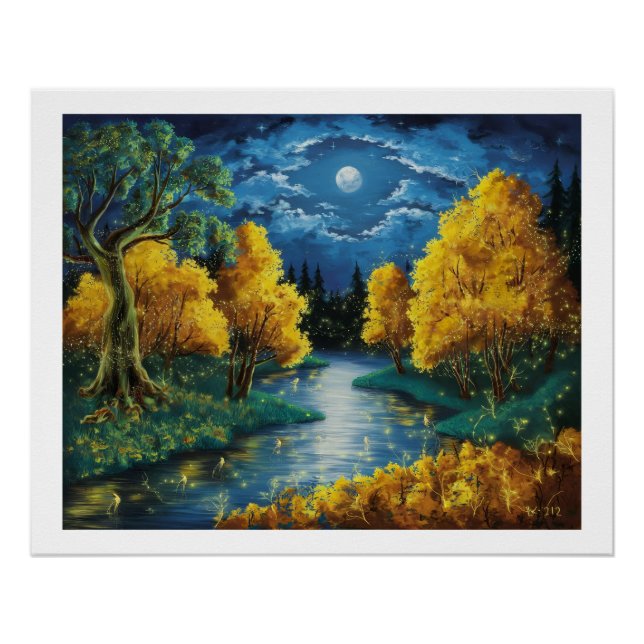 Póster Pintura de aceite de paisajes nocturnos de otoño (Anverso)