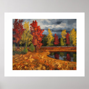 Póster Pintura de aceite de paisajes otoñales en lona - v