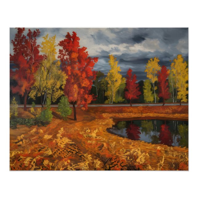 Póster Pintura de aceite de paisajes otoñales en lona - v (Anverso)