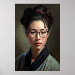 Póster Pintura de aceite de retrato de mujer japonesa