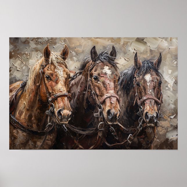 Póster Pintura de aceite de Trío de Caballos (Frente)