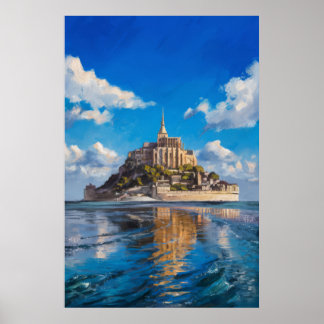 Póster Pintura de aceite Mont Saint-Michel a plena luz de
