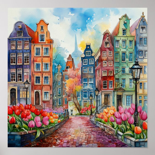 Póster Pintura de acuarela de Amsterdam Netherlands (Frente)
