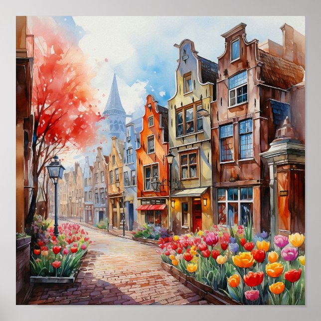 Póster Pintura de acuarela de Amsterdam Netherlands (Frente)