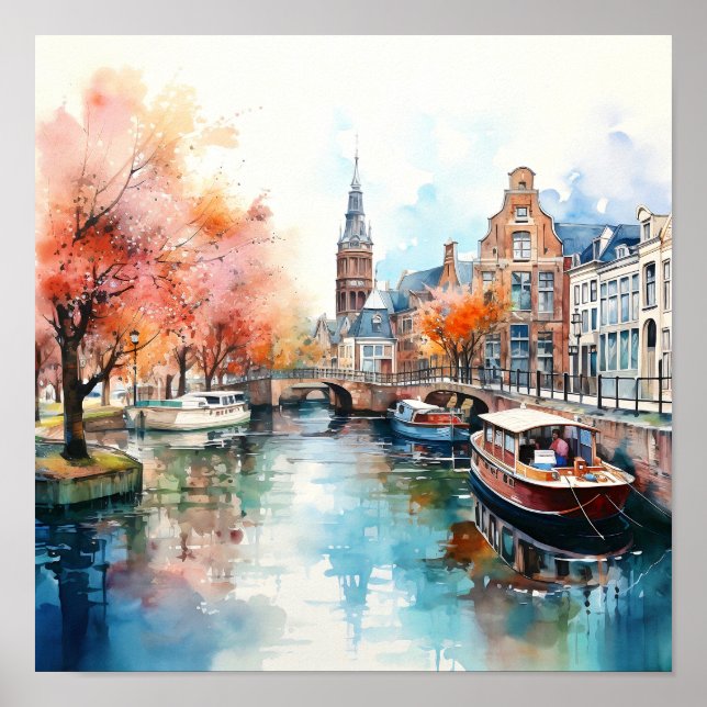 Póster Pintura de acuarela de Amsterdam Netherlands (Frente)