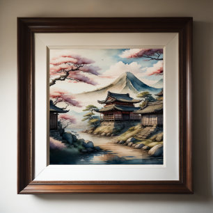 Póster Pintura de acuarela de antigua aldea japonesa