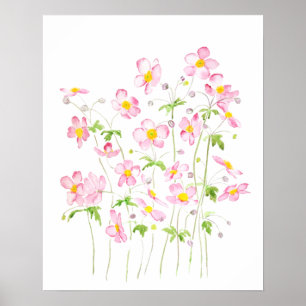 Póster Pintura de acuarela de campo anémico japonés rosa