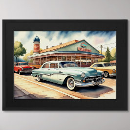 Póster Pintura de acuarela de coches y cenas de época