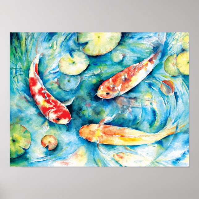 Póster Pintura de acuarela de Koi en estanque de Lily (Frente)