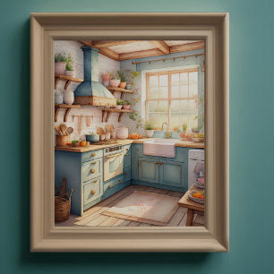 Póster Pintura de acuarela de la cocina de una granja