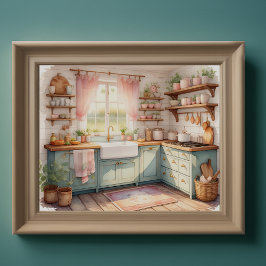Póster Pintura de acuarela de la cocina de una granja
