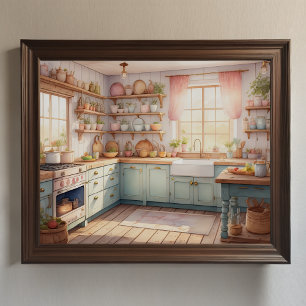 Póster Pintura de acuarela de la cocina de una granja