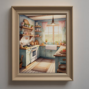 Póster Pintura de acuarela de la cocina de una granja