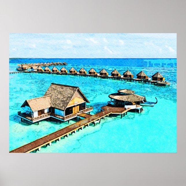 Póster Pintura de acuarela de Maldives Resort (Frente)
