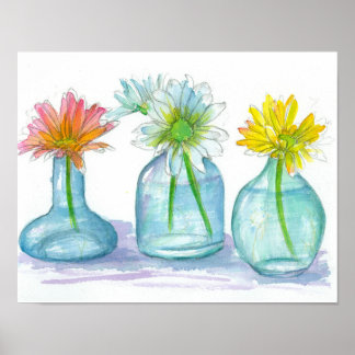 Póster Pintura de acuarela de margarita con tonos amarill