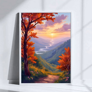 Póster Pintura de acuarela de paisaje de otoño con follaj