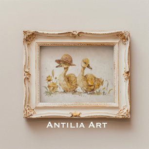 Póster Pintura de Acuarela de Patito Animal de Granja de