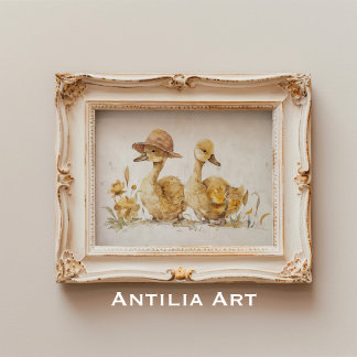 Póster Pintura de Acuarela de Patito Animal de Granja de