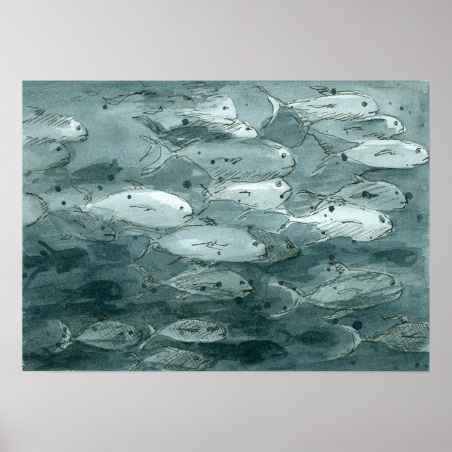 Póster Pintura de acuarela de peces blancos y negros (Frente)