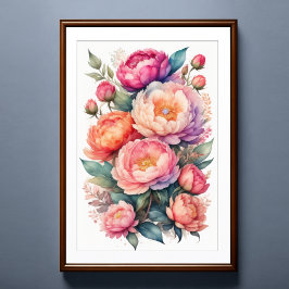 Póster Pintura de acuarela de peonías rosadas