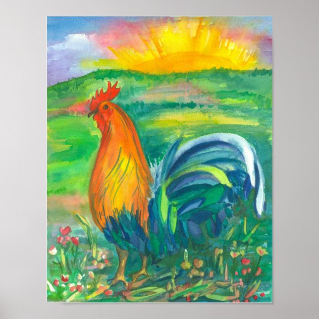 Póster Pintura de acuarela de pollo gallo (Frente)