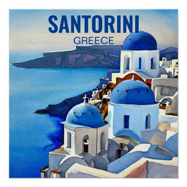 Póster Pintura de acuarela de Santorini Grecia (Anverso)