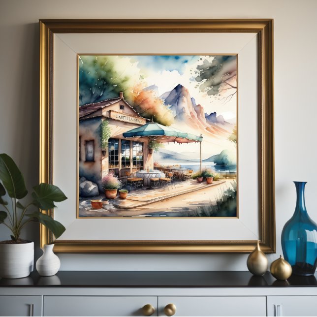 Póster Pintura de acuarela de un café europeo rural (Subido por el creador)