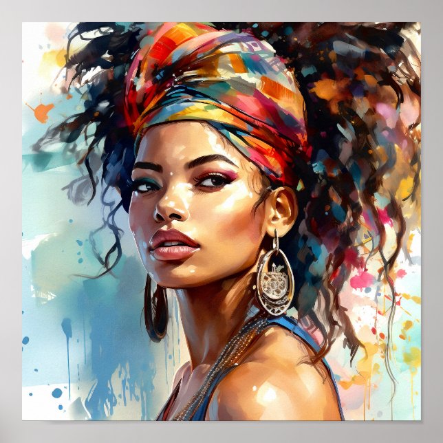 Póster Pintura de acuarela de una mujer afroamericana (Frente)