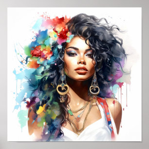 Póster Pintura de acuarela de una mujer afroamericana