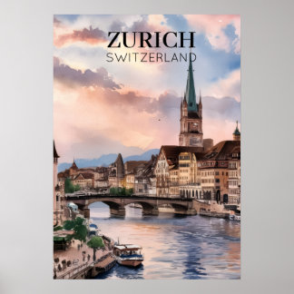 Póster Pintura de acuarela de Zúrich Suiza