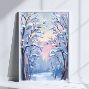 Póster Pintura de acuarela del bosque de nieve de inviern