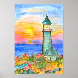 Póster Pintura de acuarela del faro del amanecer en el oc