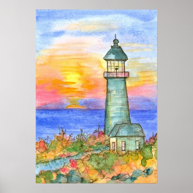 Póster Pintura de acuarela del faro del amanecer en el oc (Frente)