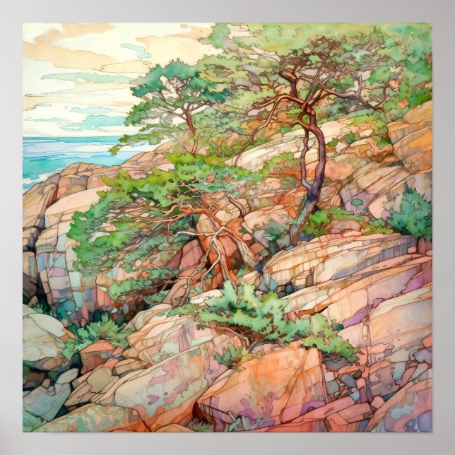 Póster Pintura de acuarela del Parque Nacional de Acadia (Frente)