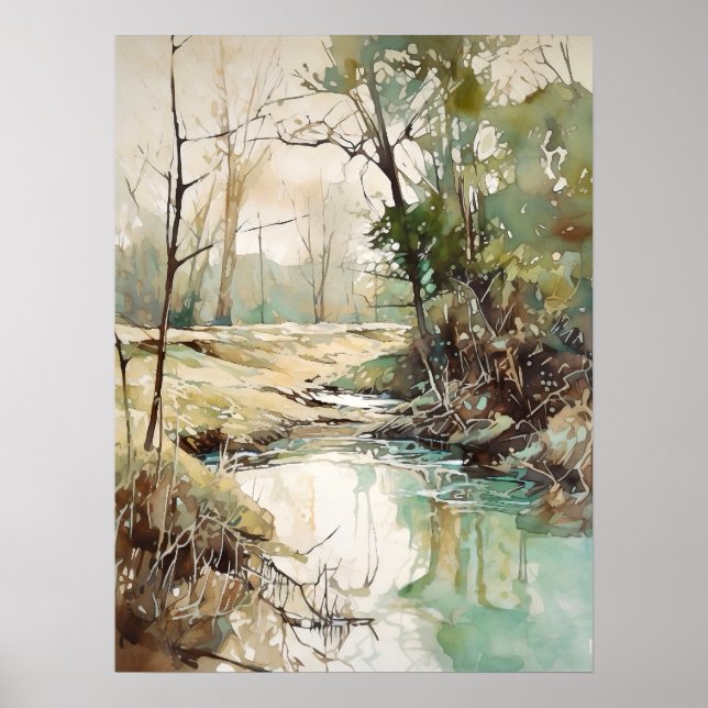 Póster Pintura de acuarela del río forestal (Frente)