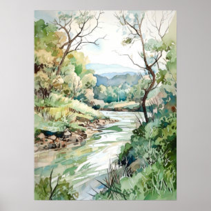 Póster Pintura de acuarela del río forestal