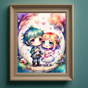 Póster Pintura de acuarela Kawaii Chibi Hombres Hembra II